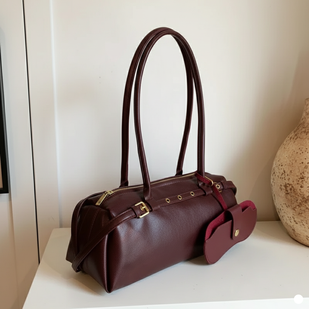 Clara Vintage Y2K Shoulder Bag Burgundy Deep Red with sunglass case as charm