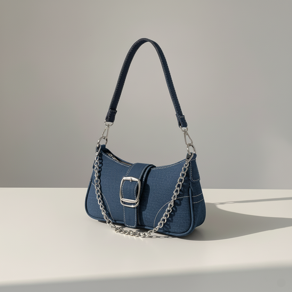 Indigo dark blue denim Y2K shoulder bag with silver chain strap and buckle detail, retro 2000s style handbag