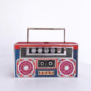 Retro Cassette Tape Radio Boombox Rhinestone Sparkling Evening Box Clutch
