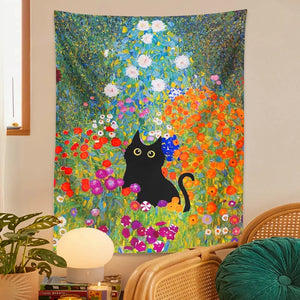 A cute Black Cat Dancing in Flower Garden Klimt-Inspired Art Tapestry