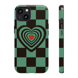 Emerald Green&Black Heart Checkered Artsy Phone Case
