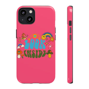 "Look Inside" Inspirational Saying 70's 80's Hippie Retro Fuchsia Hot Pink Flower Vintage Artsy Phone Case