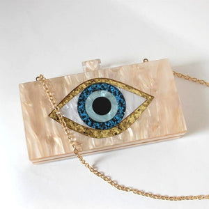 Nazar Evil Eye Ivory Gold Glitter Evening Wedding Box Clutch