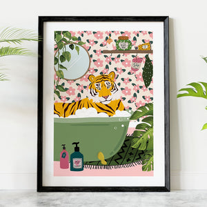 Botanical Relaxing Tiger Leopard Funny Animal Bathroom Canvas Art Print Poster