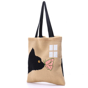 Molly Cute Cat Butterfly Kiss Graphic Retro Granny Square Crochet Tote Bag