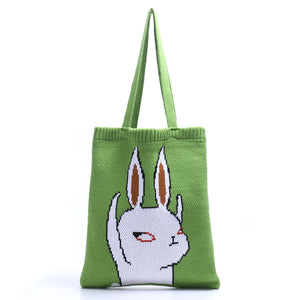 Fluffy Bunny Graphic Retro Lime Green Granny Square Crochet Tote Bag