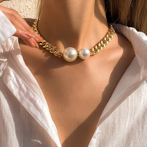 Astrid Half Shell Half Pearl Gold Cuban Link Chain Choker Necklace