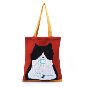 Misty Cat Coffee Lover Graphic Retro Red Granny Square Crochet Tote Bag