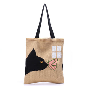 Molly Cute Cat Butterfly Kiss Graphic Retro Granny Square Crochet Tote Bag