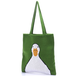 Daffy Cute Goose Say "Hey" Anime Green Retro Granny Square Crochet Tote Bag