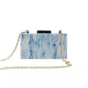 gold shoulder chain white pearl royal blue marble hand poured acrylic evening cocktail party wedding guest box clutch bag