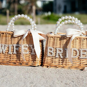 "Handwoven wicker bridal tote bag with elegant design"