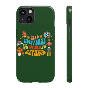 "The Universe Is Yours" Inspirational Saying 70's 80's Hippie Retro Dark Olive Green Artsy Phone Case