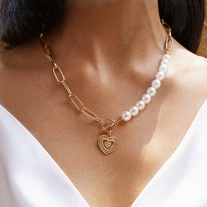 Perla Cayos Necklace - heart square pendant necklace half pearl half chain necklace