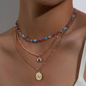 boho hippie bohemian style beaded handmade Nazar evil eye pendants layered necklace gold-hirmz