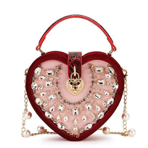 unique wedding corduroy Velvet love heart shaped rhinestone crossbody purse  red and black shoulder bag